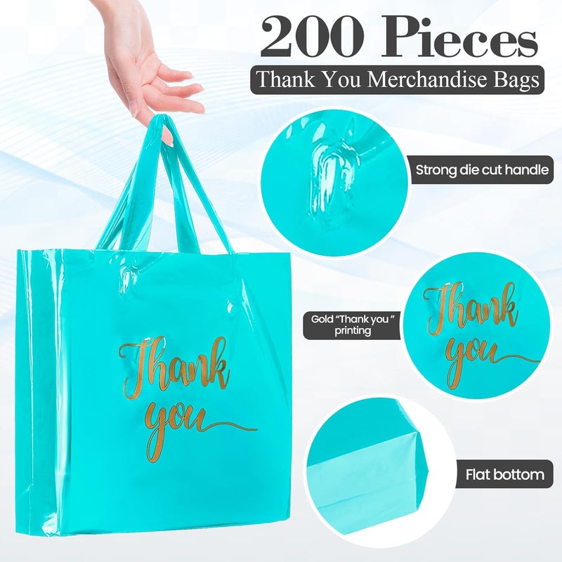 Teling 200 Pcs Thanks Bags with Handle Bulk Thank You Merchandise Bags 3 Size Plastic Packet Retail Shopping Package for Boutique 9 x 12'', 12 x 15'', 15 x 18''(Sky Blue) - Image 2
